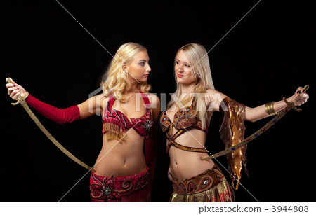 Two blond beauty girl stand with saber 3944808