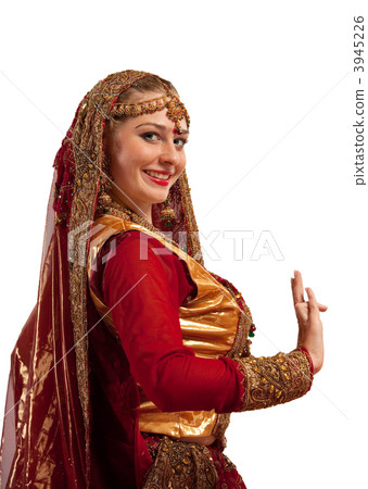 Beauty girl in oriental costume with hand sign 3945226