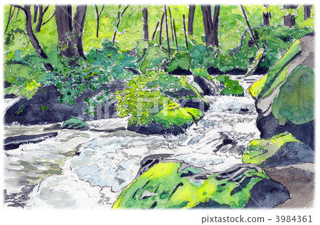 Watercolor picture Oirase stream 3984361