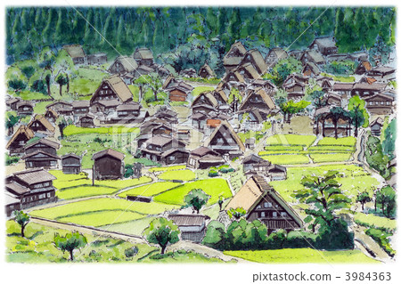 Watercolor picture Shirakawago 3984363
