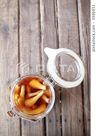 A jar of homemade, pesticide-free pickled shallots in sweet vinegar 3986851