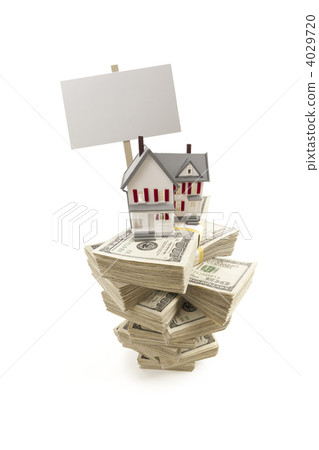 Small House on Stacks of Hundred Dollar Bills and Blank Sign 4029720