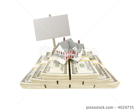 Small House on Stacks of Hundred Dollar Bills and Blank Sign 4029735