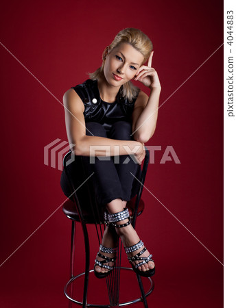 Cute young woman sit bar chair rock leather jacket 4044883