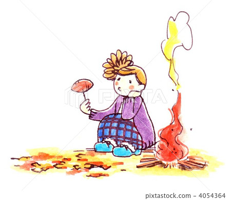 營火，女孩烤地瓜：線條畫，彩色 4054364