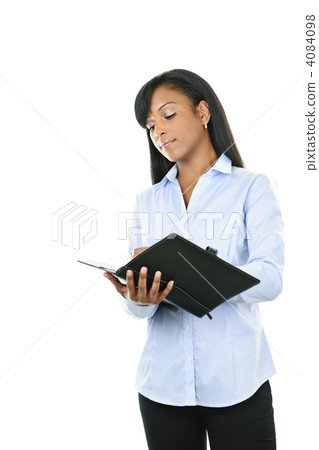 Serious woman with leather portfolio folder 4084098