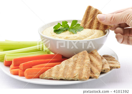 Hand dipping pita in hummus 4101392