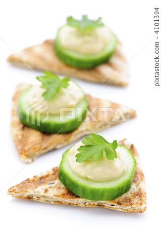 Appetizer of pita with hummus and cucumber Appetizer of pita with hummus and cucumber 4101394