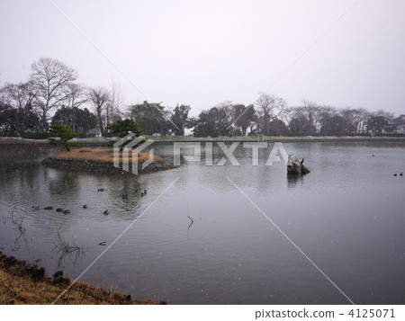 在雪中的Daikaku-ji寺大澤池塘 4125071