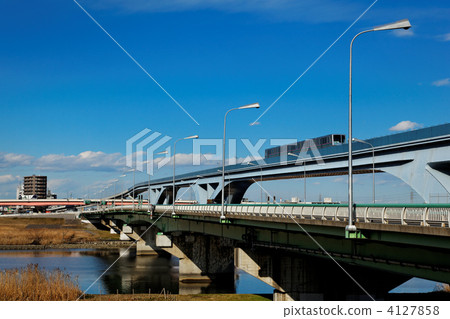 Under the blue sky, a fan bridge over Arakawa and a pillow liner passing through 4127858