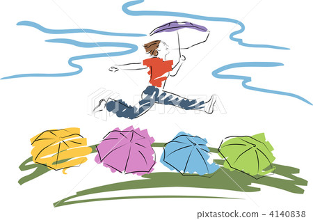 young woman jumps with the umbrella above the... - Stock Illustration ...