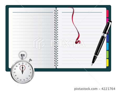 Pen, spiral notepad and stopwatch. Vector illustration. Pen, spiral notepad and stopwatch. Vector illustration. 4221764