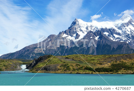 Scenic view of Pehoe lake and Salto Grande waterfall in Torres d 4270687