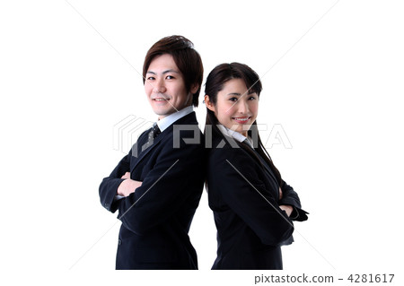 A smiley man and woman wearing a suit with back-to-back arms 4281617