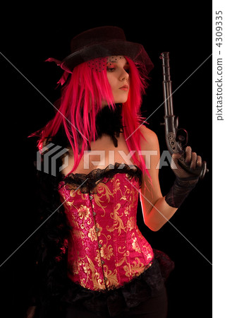 Cabaret girl in pink corset holding gun 4309335