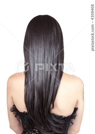 Rear view of young woman with black silky hair 4309408