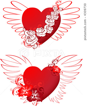 red hearts with floral ornament and wings red hearts with floral ornament and wings 4309730