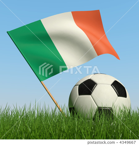 Soccer ball in the grass and flag of Ireland. 4349667