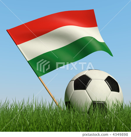 Soccer ball in the grass and flag of Hungary. 4349898