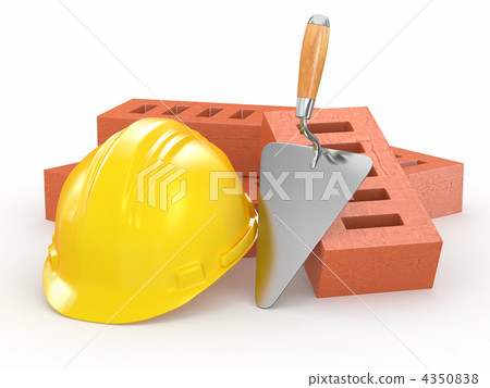 Bricks, hardhat and trowel. 3d Bricks, hardhat and trowel. 3d 4350838