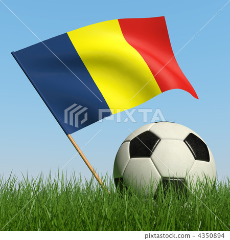 Soccer ball in the grass and flag of Romania. 4350894