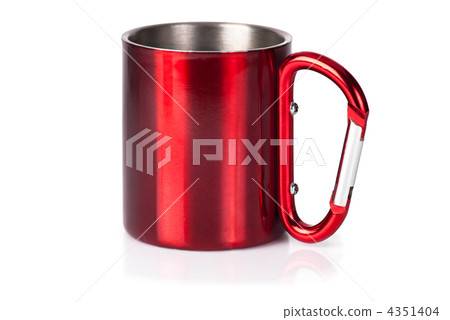 Tourist equipment tool. Travel cup with carbine-handle on white 4351404