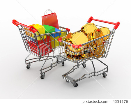 Consumerism. Shopping cart with boxes and coins. 3d Consumerism. Shopping cart with boxes and coins. 3d 4351576