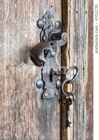 Vintage metal handle and key at wooden door 4352230
