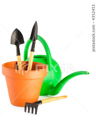 Terracotta frower pot, watering can and garden tools on white ba Terracotta frower pot, watering can and garden tools on white ba 4352453