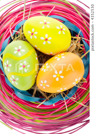 Easter background. Macro shot of painted eggs and easter decorat Easter background. Macro shot of painted eggs and easter decorat 4352530