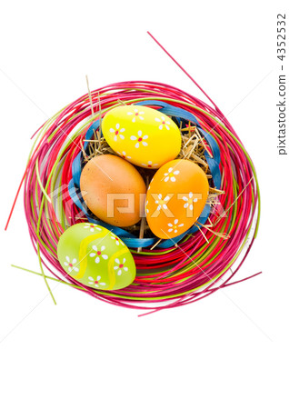Easter background. Macro shot of painted eggs and easter decorat 4352532