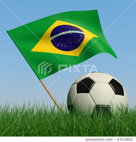 Soccer ball in the grass and the flag of Brazil 4353601