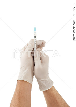 Doctor hands with gloves holding medical syringe isolated Doctor hands with gloves holding medical syringe isolated 4359513