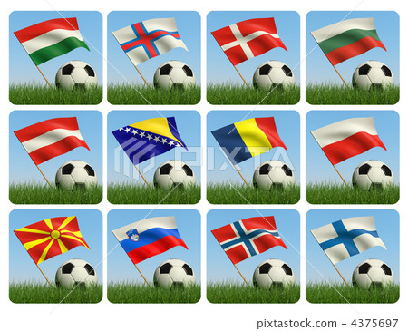 Soccer ball in the grass and the flag against the blue sky. 4375697