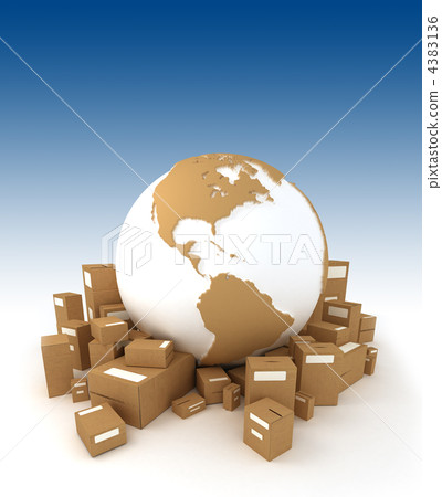 World globe in white and carboard texture, surrounded by packages and oriented to America World globe in white and carboard texture, surrounded by packages and oriented to America 4383136