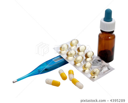 vitamins and pills and thermometer Isolated on white background vitamins and pills and thermometer Isolated on white background 4395289