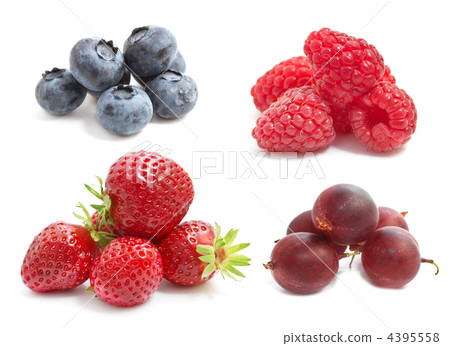 Summer berries on a white background: strawberries, raspberries, gooseberries, blueberries Summer berries on a white background: strawberries, raspberries, gooseberries, blueberries 4395558