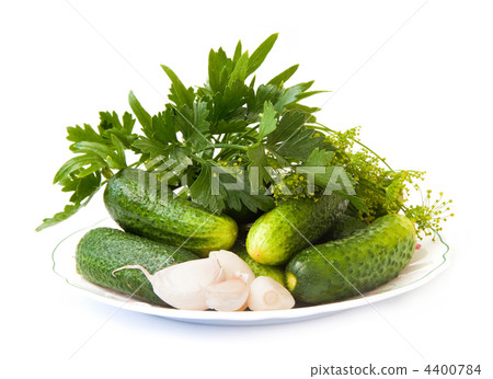 Fresh vegetables, cucumbers,  garlic and fresh herbs, isolated on a white background. 4400784