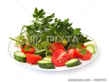 Fresh vegetables, cucumbers, tomatoes, garlic and fresh herbs, isolated on a white background. Fresh vegetables, cucumbers, tomatoes, garlic and fresh herbs, isolated on a white background. 4400785
