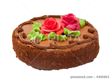 Chocolate cake with two cream-colored roses. Isolated on white background. Chocolate cake with two cream-colored roses. Isolated on white background. 4400801