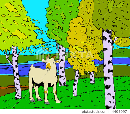 autumn sunny landscape with forest river  and goat - vector illu 4405097