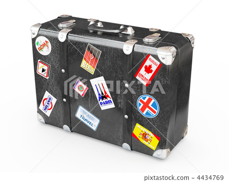 Black leather suitcase with travel stickers. - Stock Illustration ...