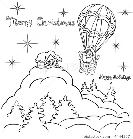 Cheerful Santa Claus goes down from the sky on a parachute. 4444337