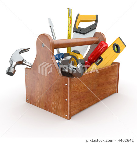 Toolbox with tools. Skrewdriver, hammer, handsaw and wrench Toolbox with tools. Skrewdriver, hammer, handsaw and wrench 4462641