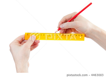 yellow centimetres ruller and red pencil in hands isolated on wh yellow centimetres ruller and red pencil in hands isolated on wh 4463083