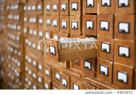 Old wooden card catalogue with one opened drawer 4463651