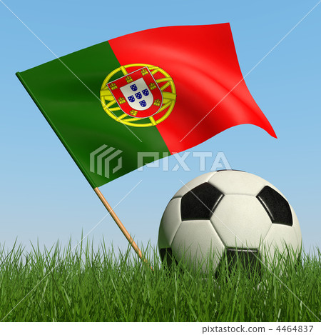 Soccer ball in the grass and flag of Portugal. 4464837