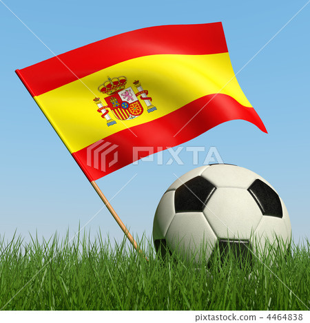 Soccer ball in the grass and flag of Spain. 4464838