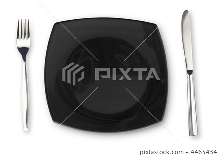 Black square plate fork and knife isolated on white 4465434