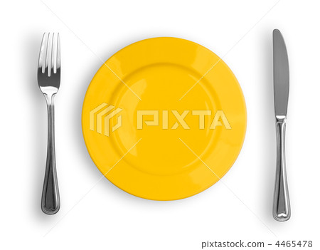 Knife, yellow plate and fork isolated Knife, yellow plate and fork isolated 4465478
